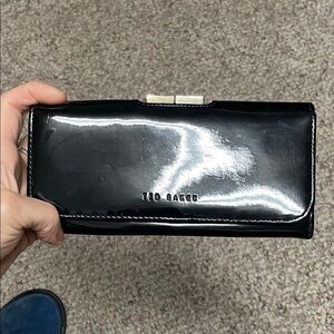 Ted Baker patent leather Black long Wallet with clip close logo change purse